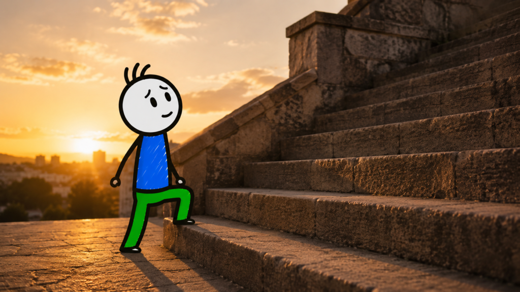 Como sair das dívidas — personagem do Saindo do Vermelho subindo uma escada ao amanhecer