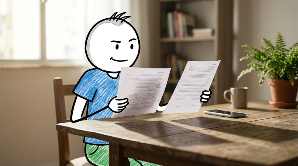 Portabilidade de crédito — personagem comparando duas propostas de banco na mesa