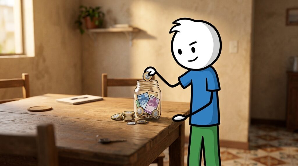 Como economizar ganhando pouco — personagem guardando moedas e cédulas de real num pote