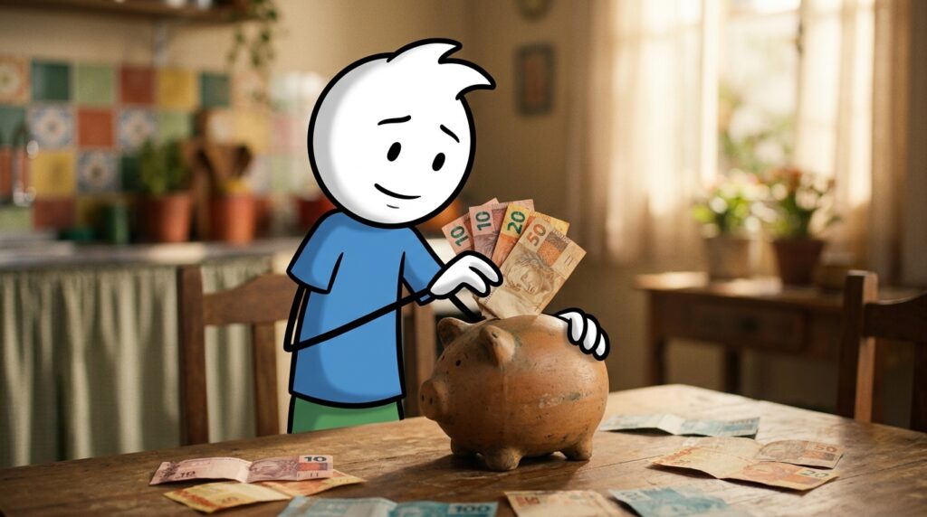 Reserva de emergência — personagem guardando cédulas de real num cofrinho