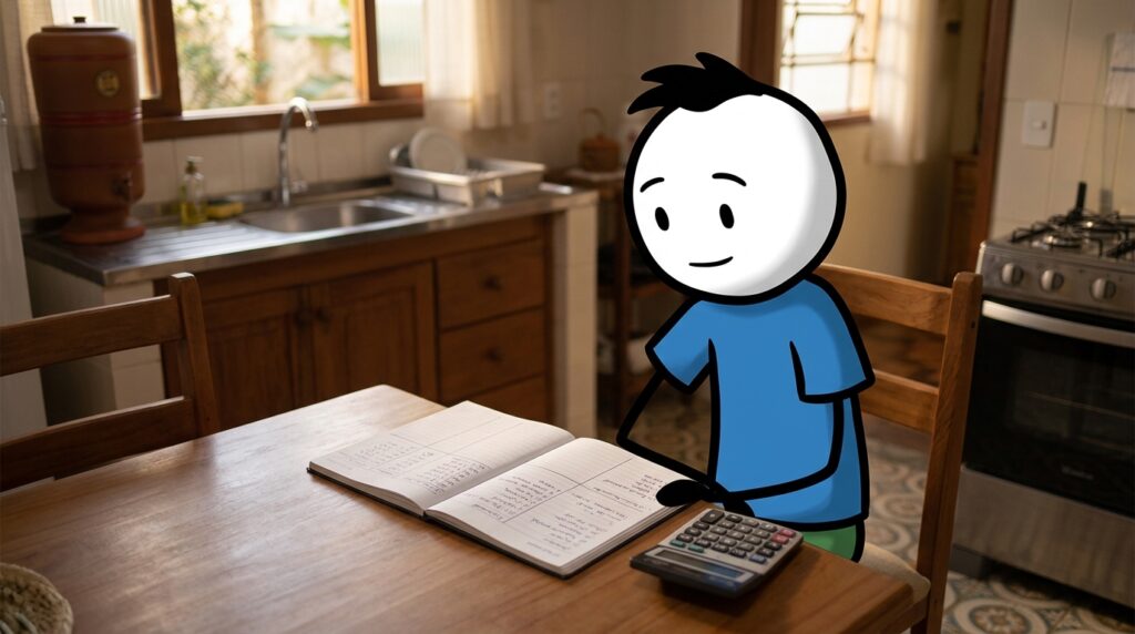Orçamento familiar 50-30-20 — personagem com caderno e calculadora na cozinha