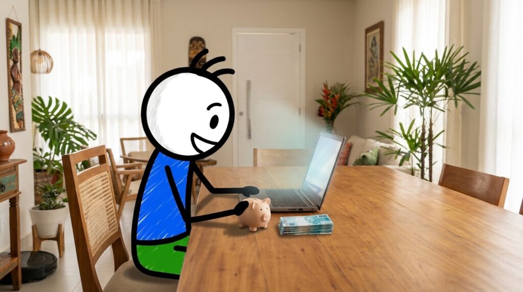 feirão serasa limpa nome — mascote animado no notebook com cofrinho