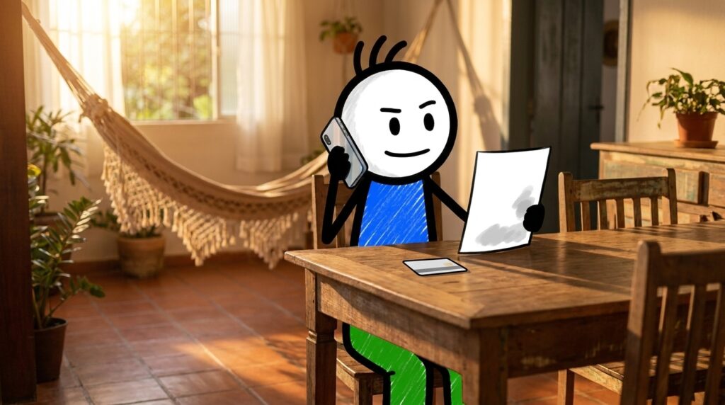 dívida de cartão de crédito — mascote negociando ao telefone com fatura na mão