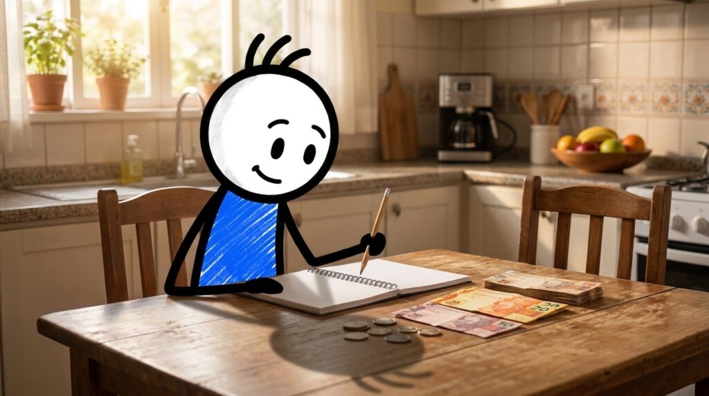 educação financeira para iniciantes — mascote anotando no caderno na cozinha