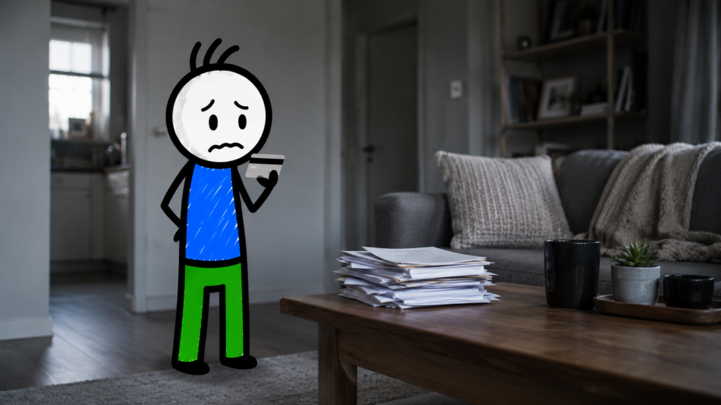Como sair do rotativo do cartão — personagem preocupado com cartão e pilha de faturas
