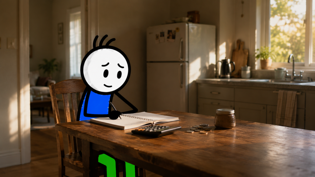 Orçamento sem renda fixa — personagem organizando as contas na mesa da cozinha
