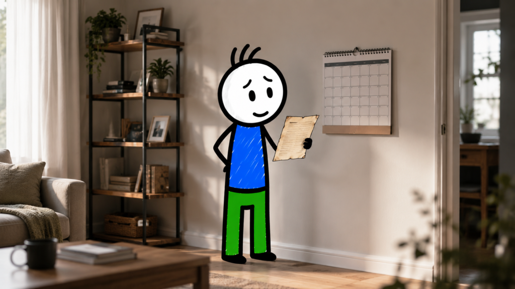 Dívida prescrita — personagem do Saindo do Vermelho com documento antigo e calendário