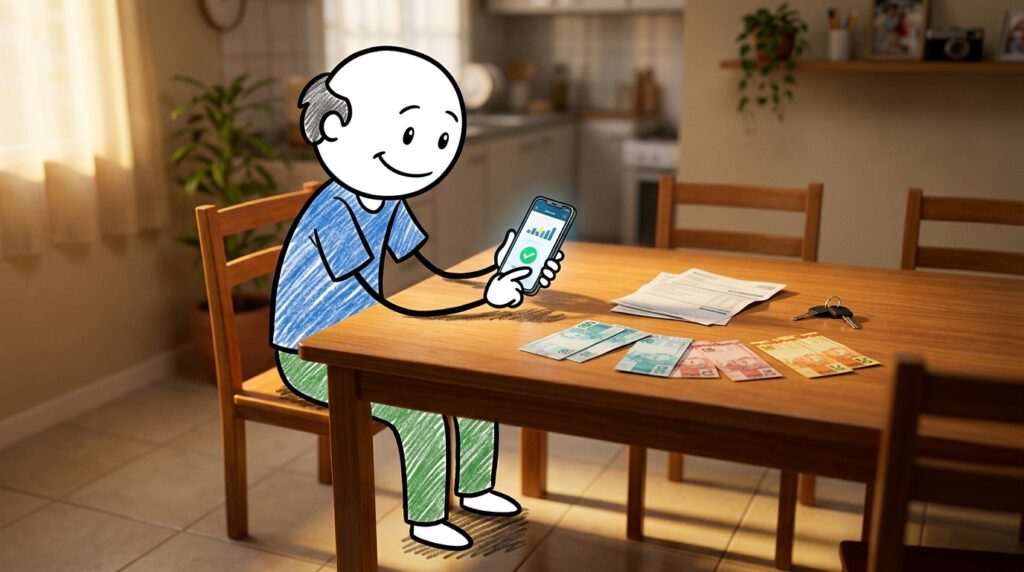 Novo Desenrola Brasil 2026 — personagem renegociando dívida no app do banco, com cédulas de real na mesa