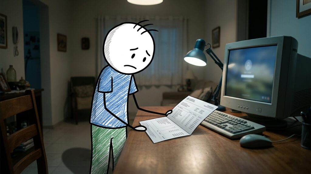 Como sair do cheque especial — personagem preocupado olhando um extrato bancário