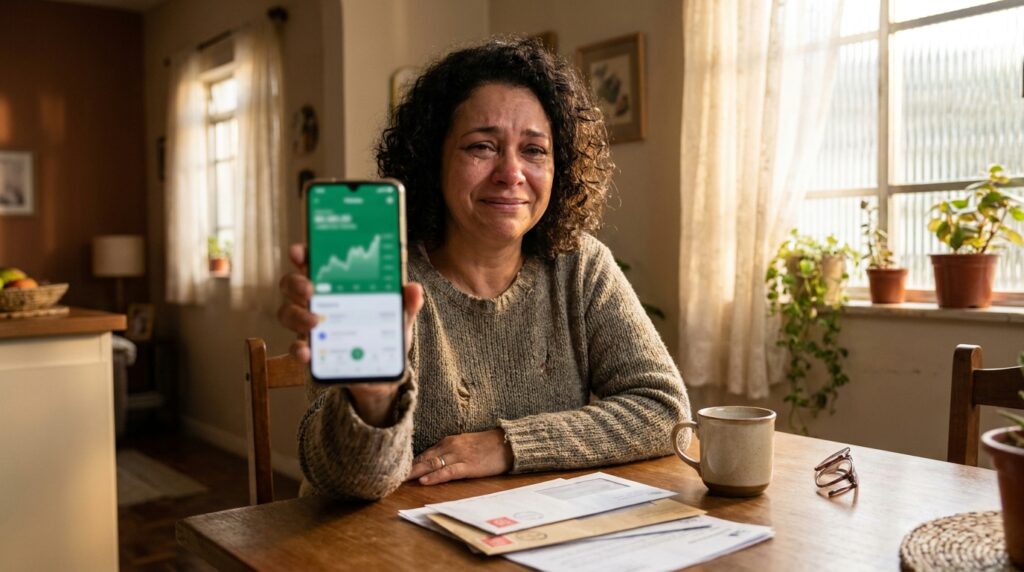 Pessoa aliviada consultando o Cadastro Positivo e o score no celular, com contas pagas sobre a mesa