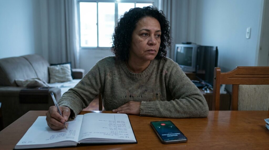 Pessoa cansada mas determinada olhando o celular tocando de número desconhecido, anotando horários das ligações de cobrança