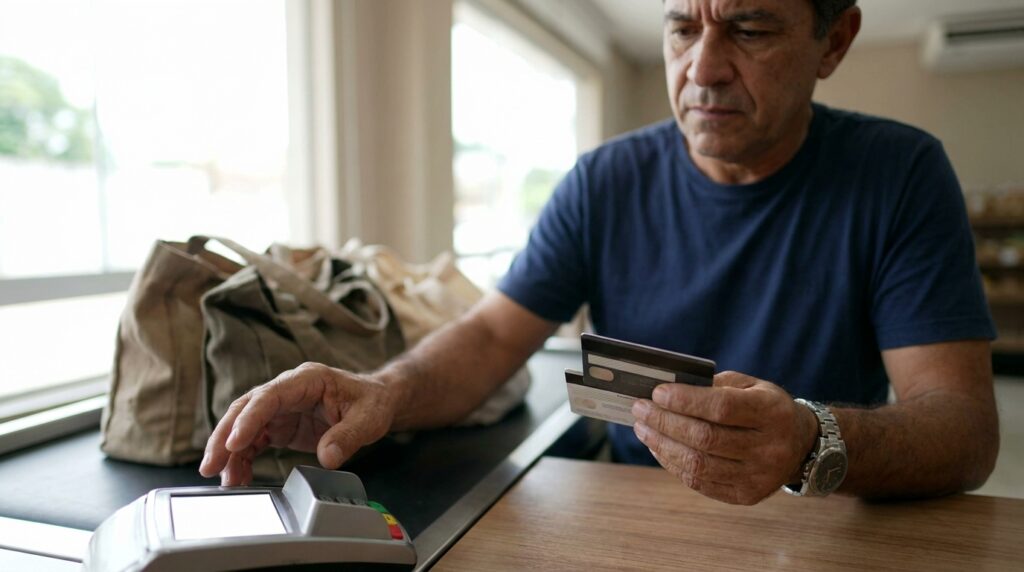 Mãos segurando cartão de débito e de crédito diante da maquininha no caixa do mercado, decidindo qual usar