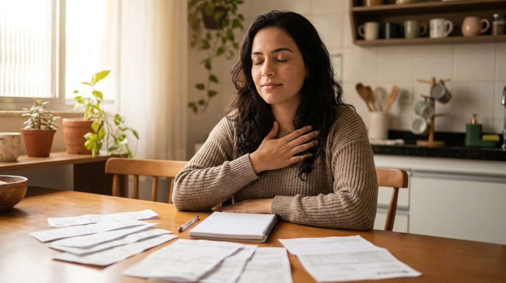 Pessoa respirando fundo diante de contas e boletos espalhados na mesa, começando a se organizar com calma