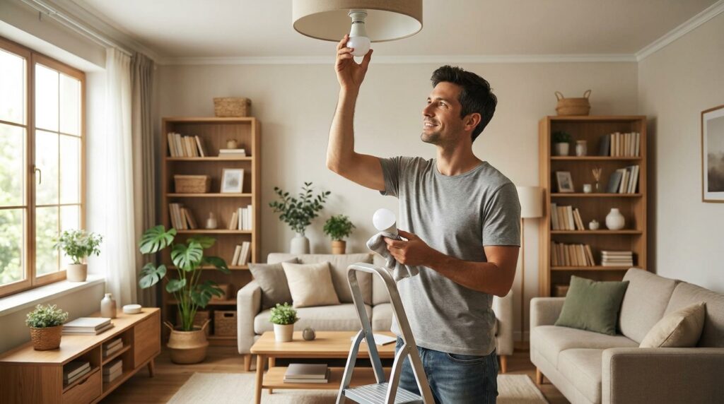 Pessoa trocando lâmpada por LED em casa iluminada por luz natural, reduzindo gastos fixos com tranquilidade