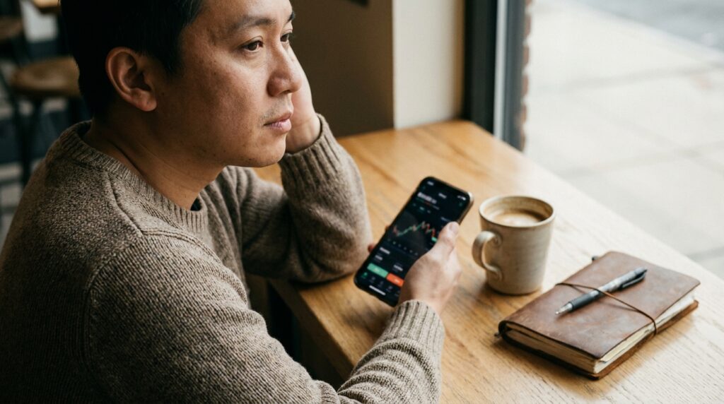 Pessoa pensativa olhando o app do banco no celular, avaliando usar o FGTS para quitar dívidas