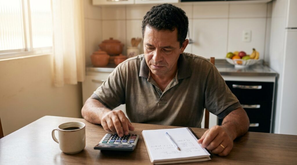 Pessoa fazendo o planejamento financeiro do mês com caderno, caneta e calculadora na mesa da cozinha