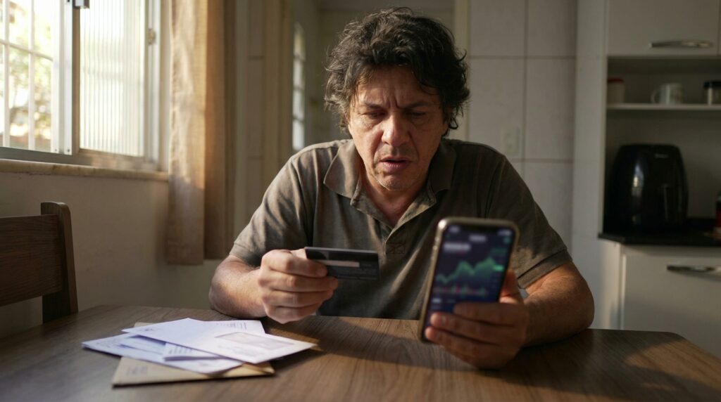 Pessoa adulta à mesa olhando o cartão de crédito e o celular, percebendo um erro que faz a dívida crescer