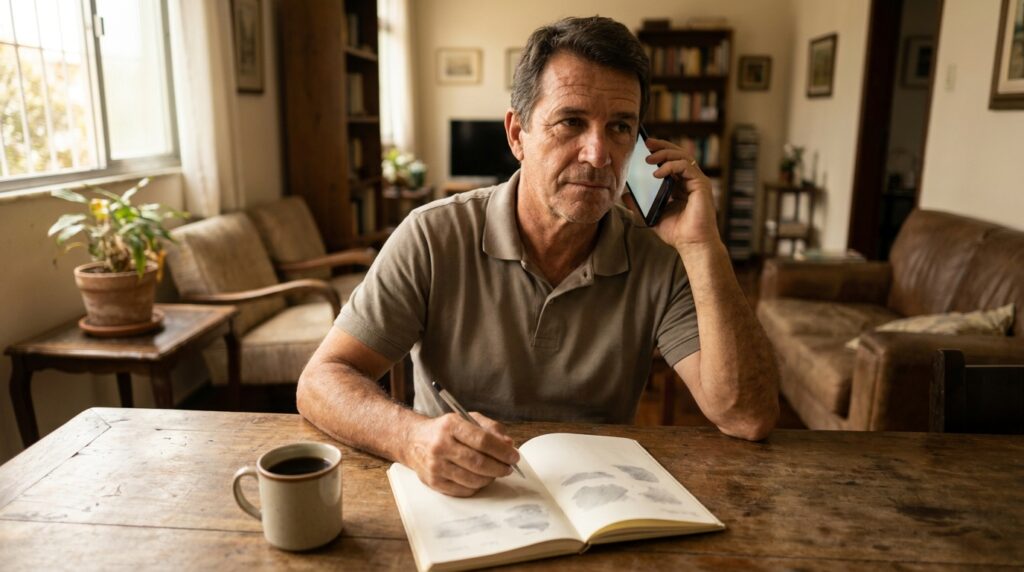 Pessoa adulta à mesa com o celular no ouvido, anotando as condições de um acordo de dívida em um caderno