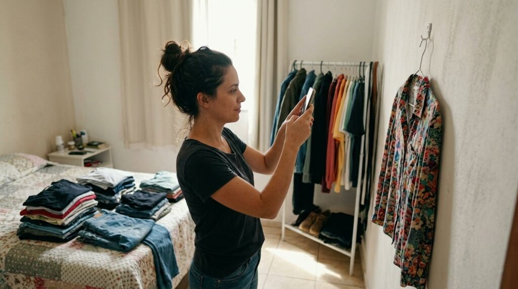 Mulher fotografando com o celular uma blusa usada pendurada na parede, com roupas organizadas ao fundo