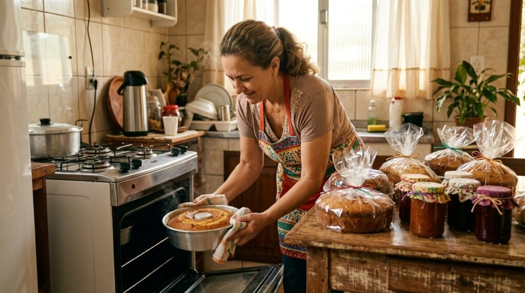 Senhora tirando bolo do forno com pães e geleias caseiras embalados sobre a mesa