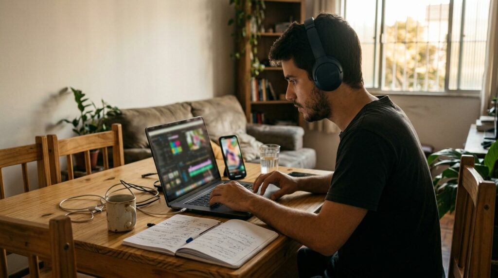 Jovem com fone de ouvido editando vídeo no notebook na mesa da sala